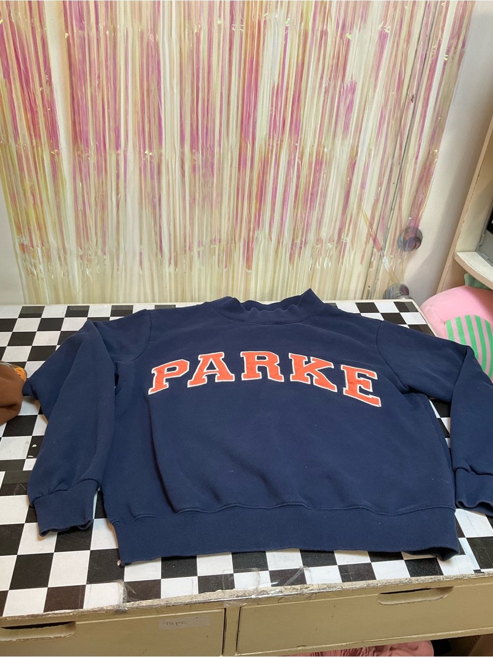 Parke Navy Crewneck Sweatshirt with Green Logo Tag